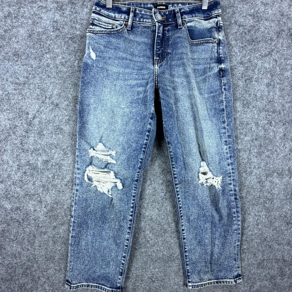 Express Boyfriend Jeans Women 6 Petite Blue Denim Mid Rise Distressed Streetwear